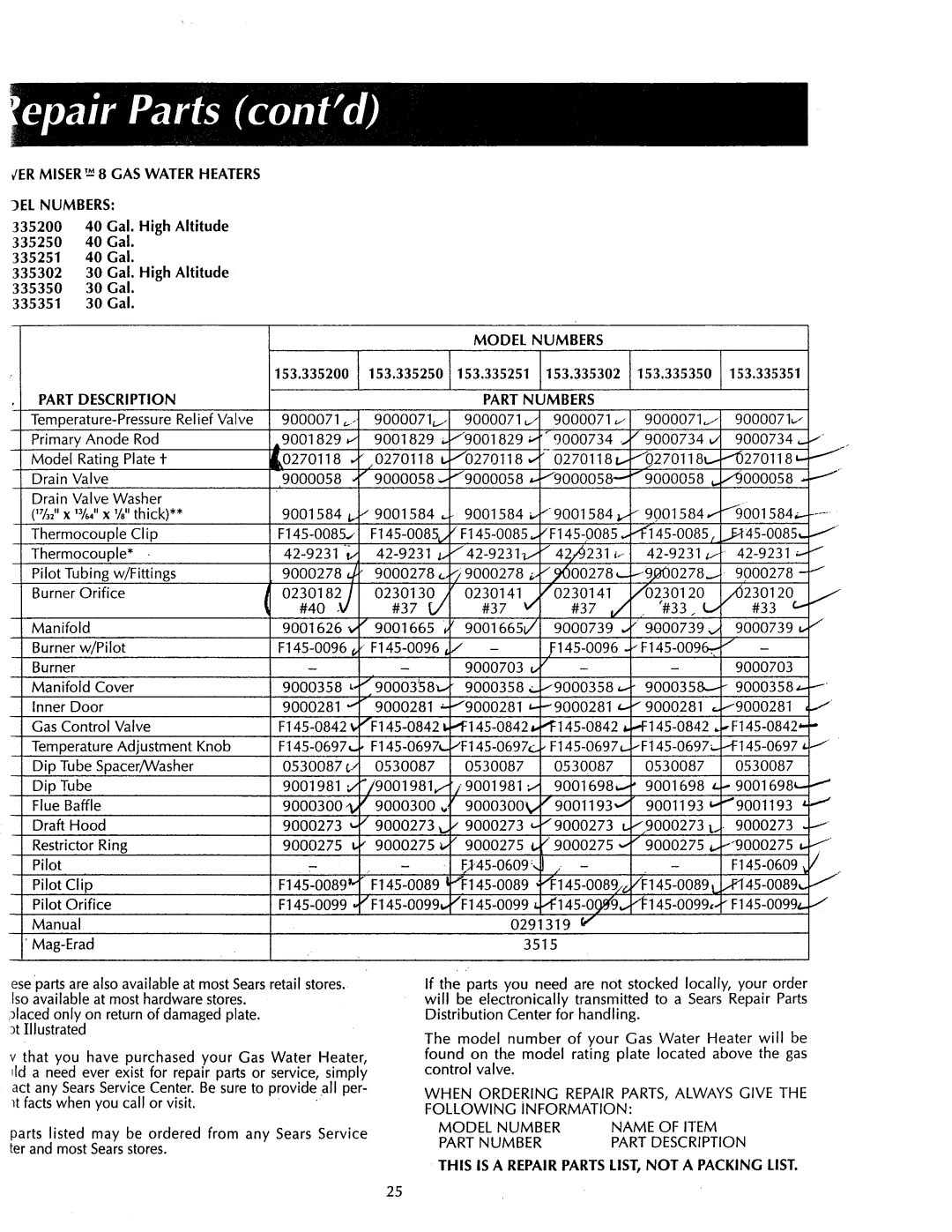 Sears 153.335651 DER Miser 8 GAS Water Heaters, EL Numbers, 153.335200 153.335250 153.335251 153.335302 153.335350 