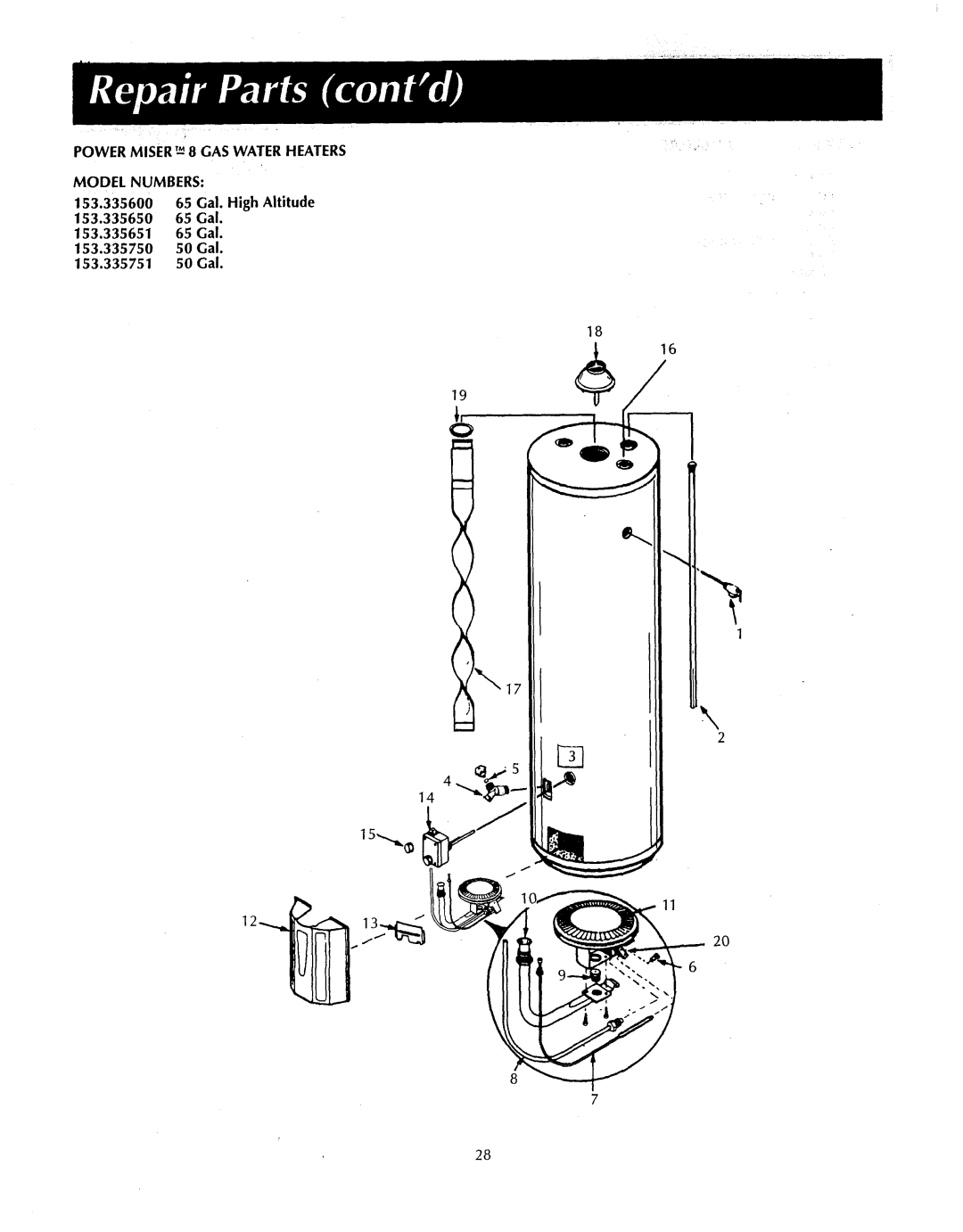 Sears 153.33565, 153.33555, 153.335451, 153.335302, 153.335351, 153.335251 Power Miser 8 GAS Water Heaters Model Numbers 