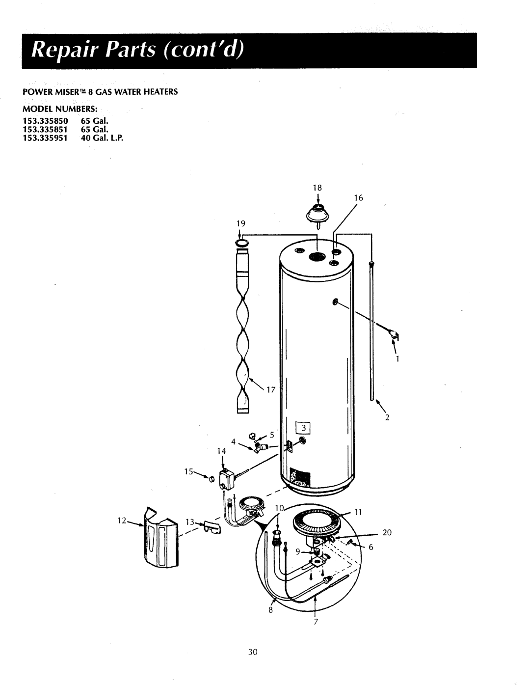 Sears 153.3356, 153.33555, 153.335451, 153.335302, 153.335351, 153.335251, 153.335502 Power Miser -M8 GAS Water Heaters 