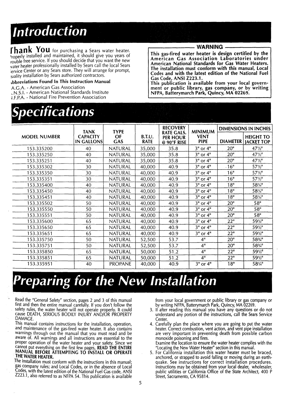 Sears 153.335251, 153.335451, 153.335302, 153.335351, 153.335502, 153.335651, 153.335551 owner manual Thewaterheater 