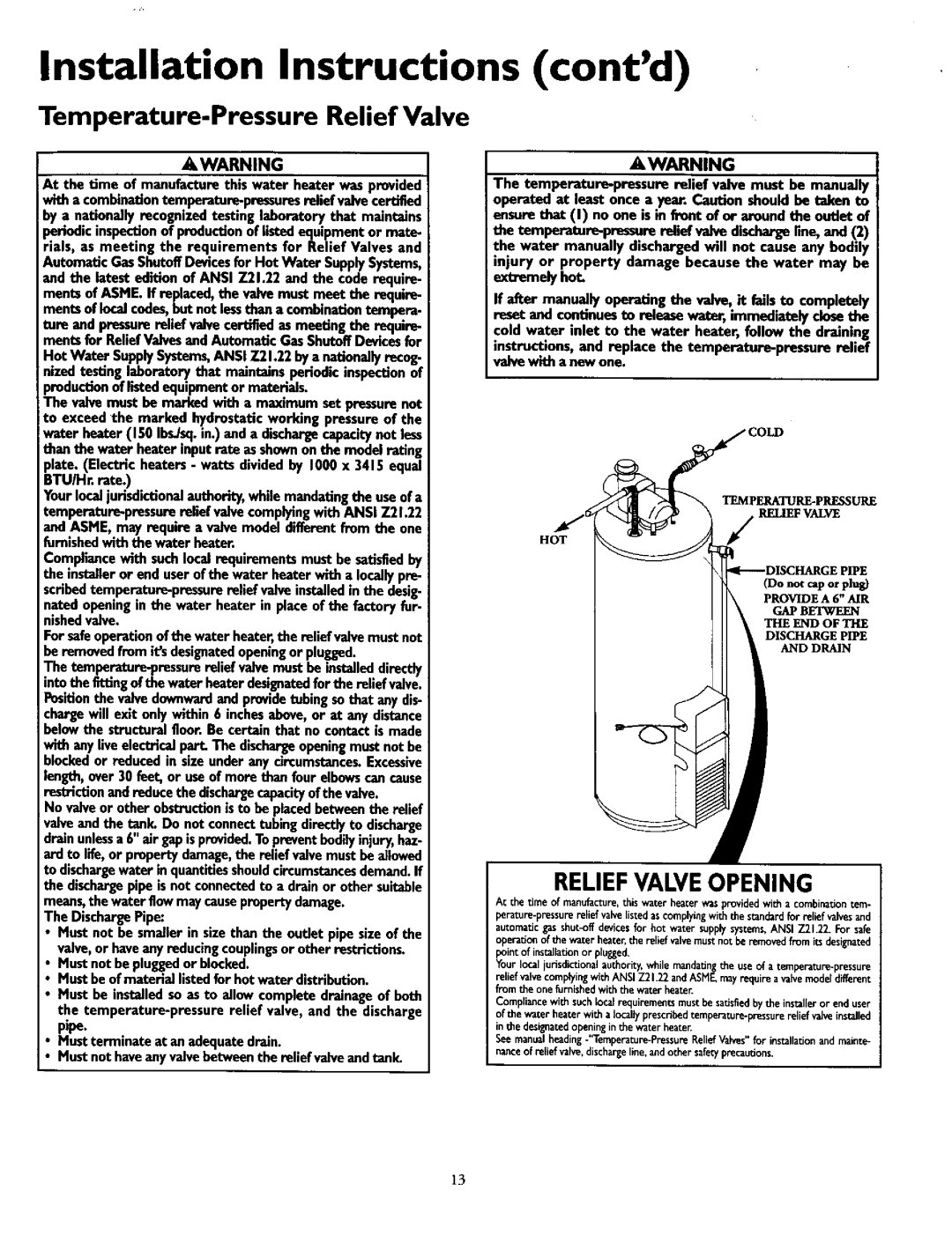 Sears 153.335915, 153.335961, 153.335941, 153.335803, 153.335861 Temperature-Pressure Relief Valve, Reliefvalve Opening 