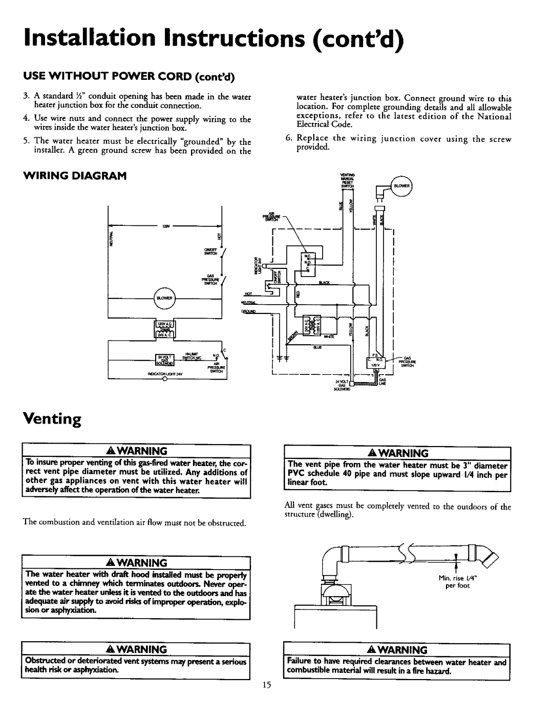 Sears 153.335814, 153.335961, 153.335941, 153.335803 Installation Instructions contd, Venting, Sion or asphyxiation 