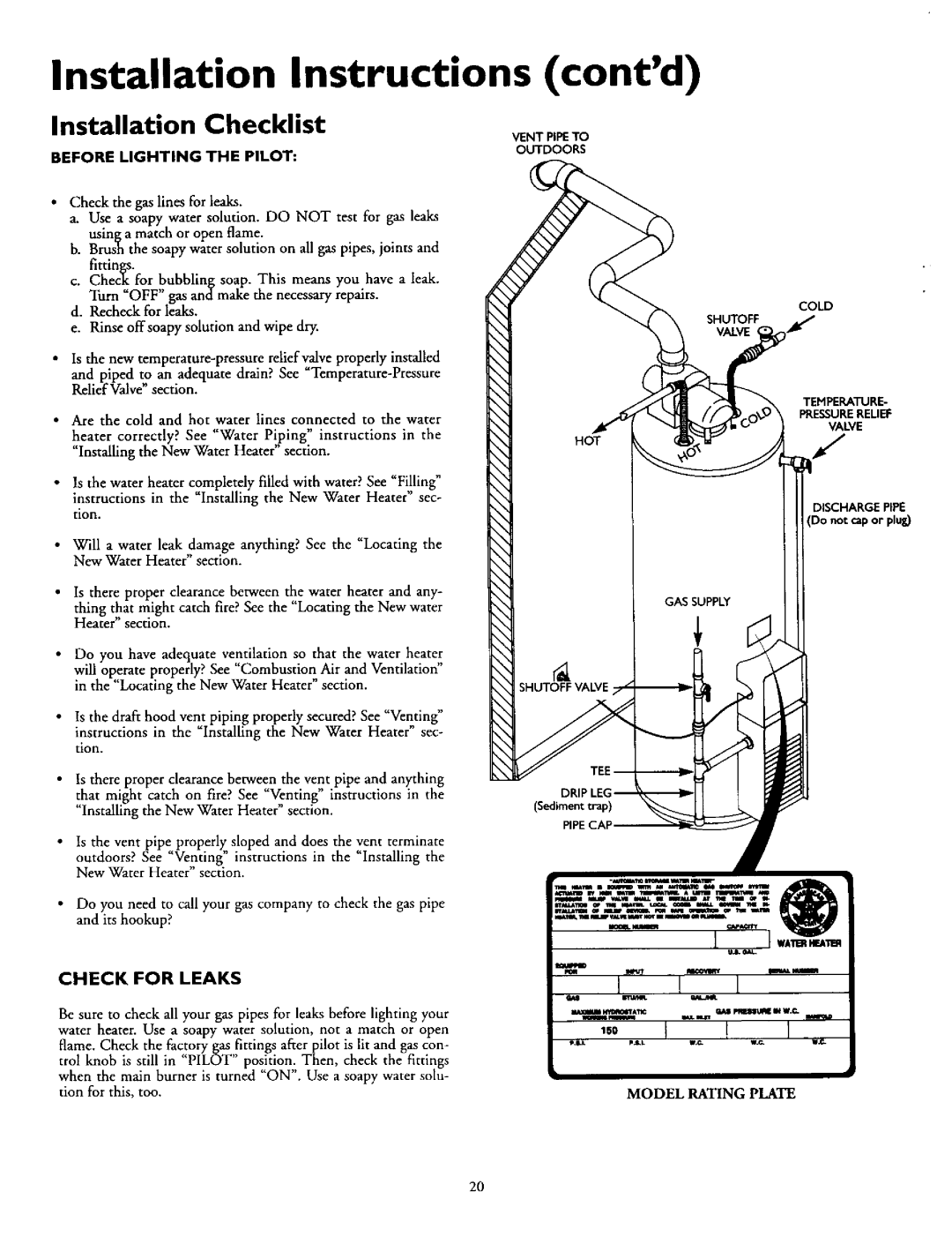 Sears 153.335961, 153.335941, 153.335803 Contd, Installation Checklist, Before Lighting the Pilot, Check for Leaks 