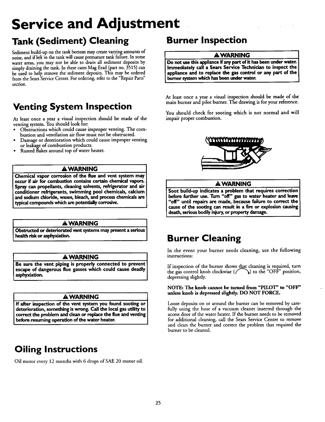 Sears 153.335814 Service and Adjustment, Tank Sediment Cleaning, Venting System Inspection, Oiling Instructions 