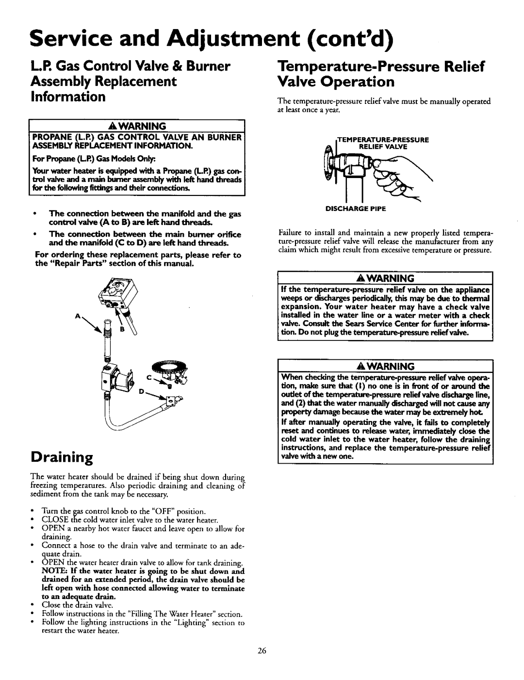 Sears 153.335903 Service and Adjustment contd, Gas Control Valve & Burner, Assembly Replacement, Information, Draining 