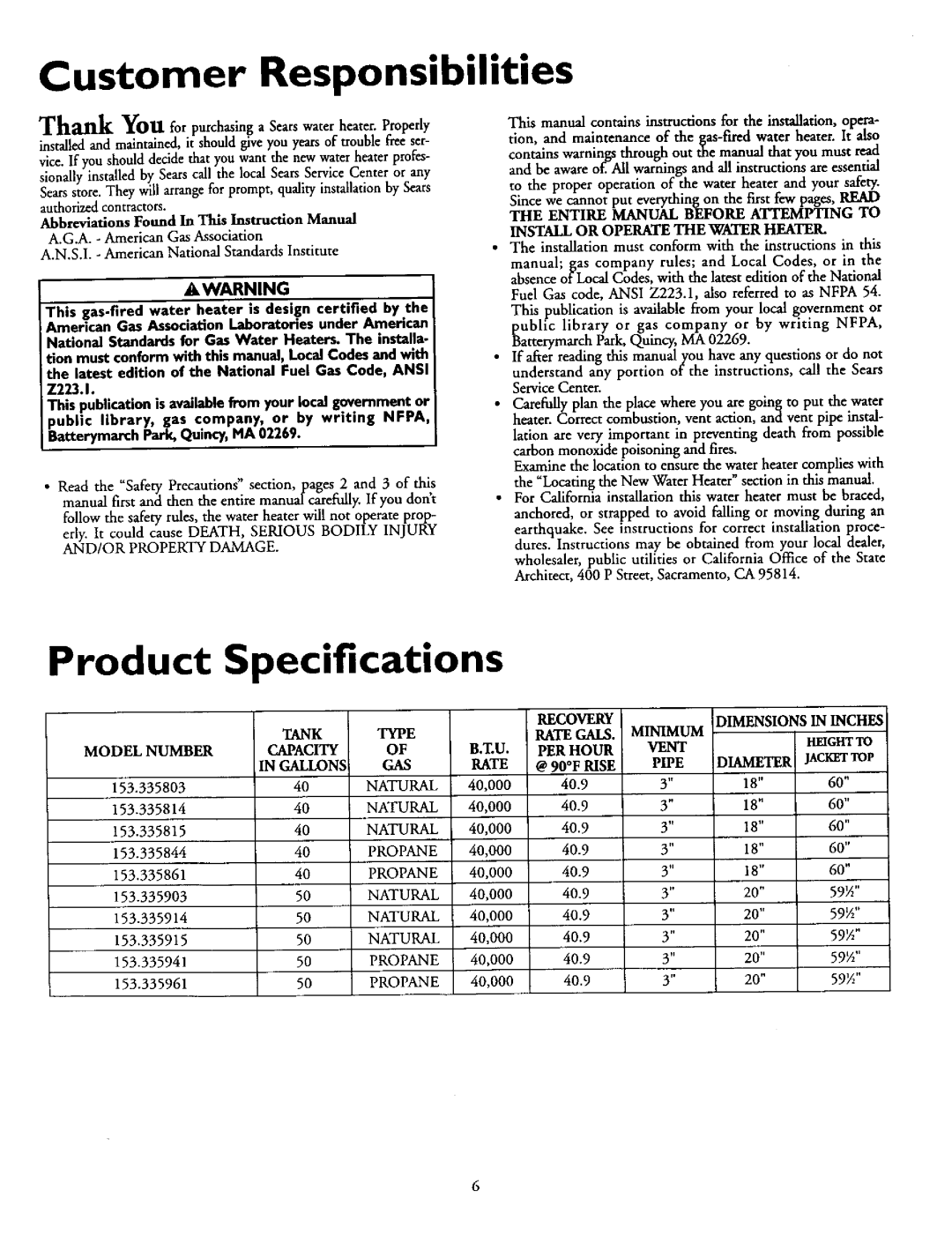 Sears 153.335903, 153.335961, 153.335941, 153.335803, 153.335915, 153.335861 Customer Responsibilities, Product, 40,000 