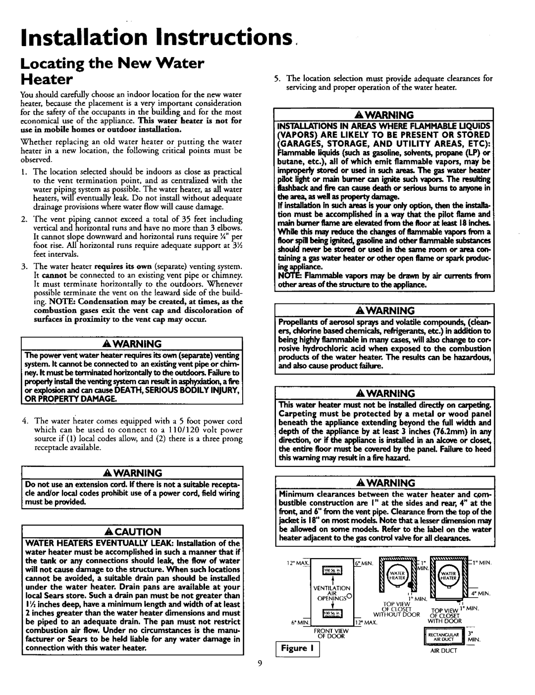 Sears 153.335815, 153.335961, 153.335941 Locating the New Water Heater, Water Heaters Eventually Leak Installationof 