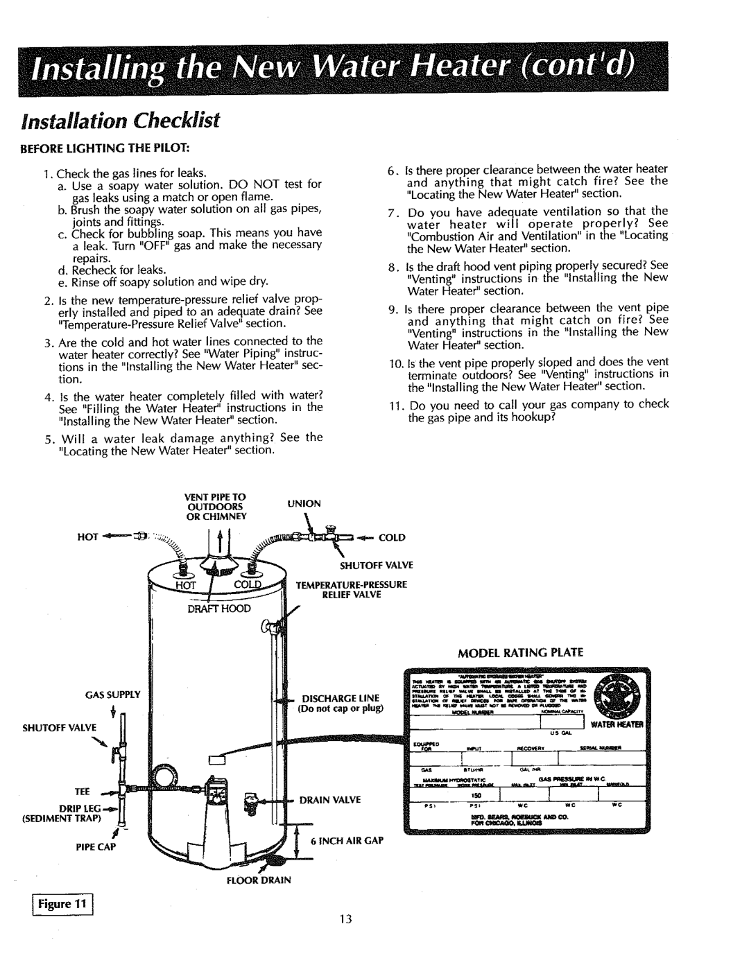 Sears 153.336901, 153.336701, 153.336801, 153.336432 Installation Checklist, Before Lighting the Pilot, Model Rating Plate 