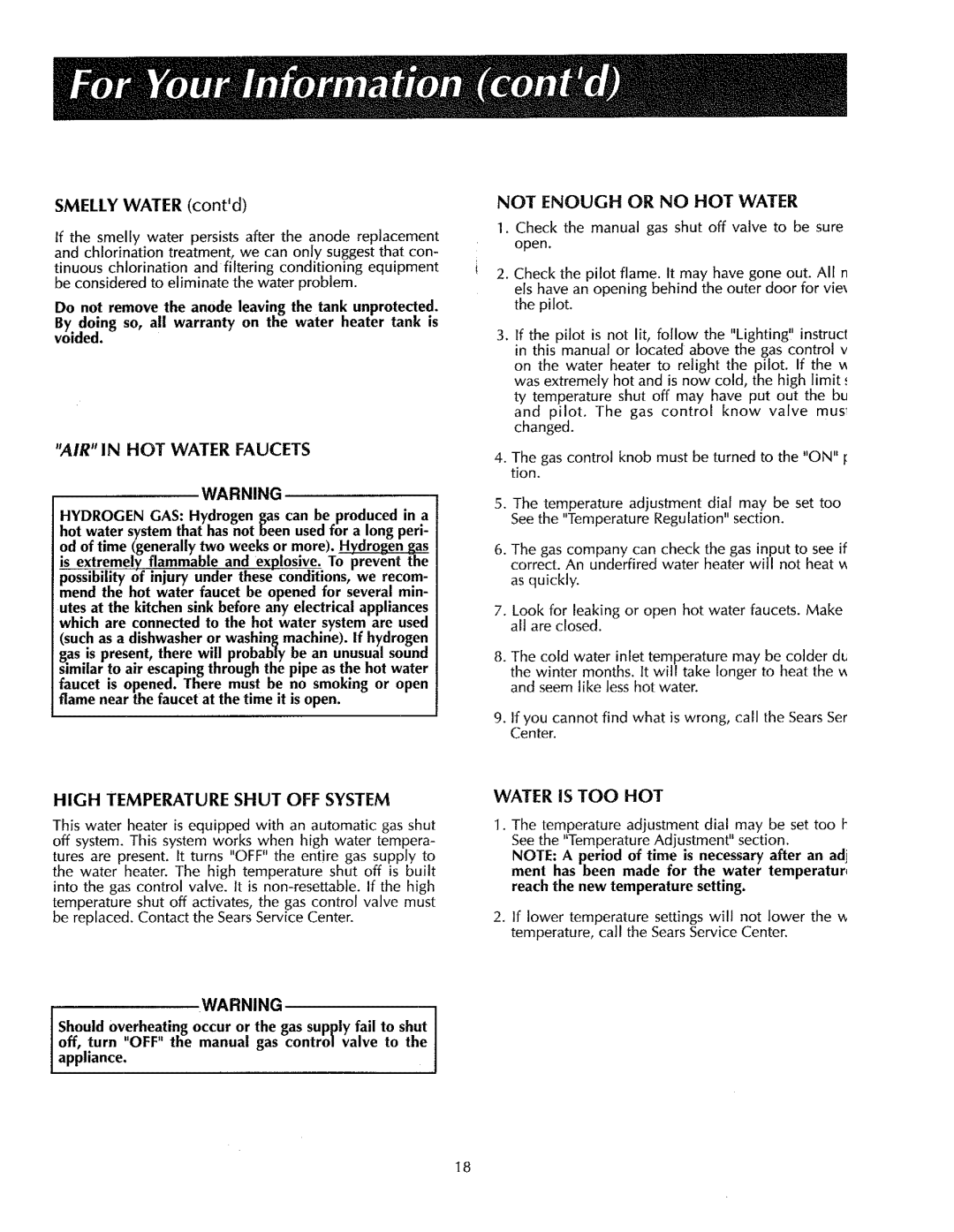 Sears 153.336432, 153.336701, 153.336801 Smelly Water contd, Not Enough or no HOT Water, High Temperature Shut, System, Hot 