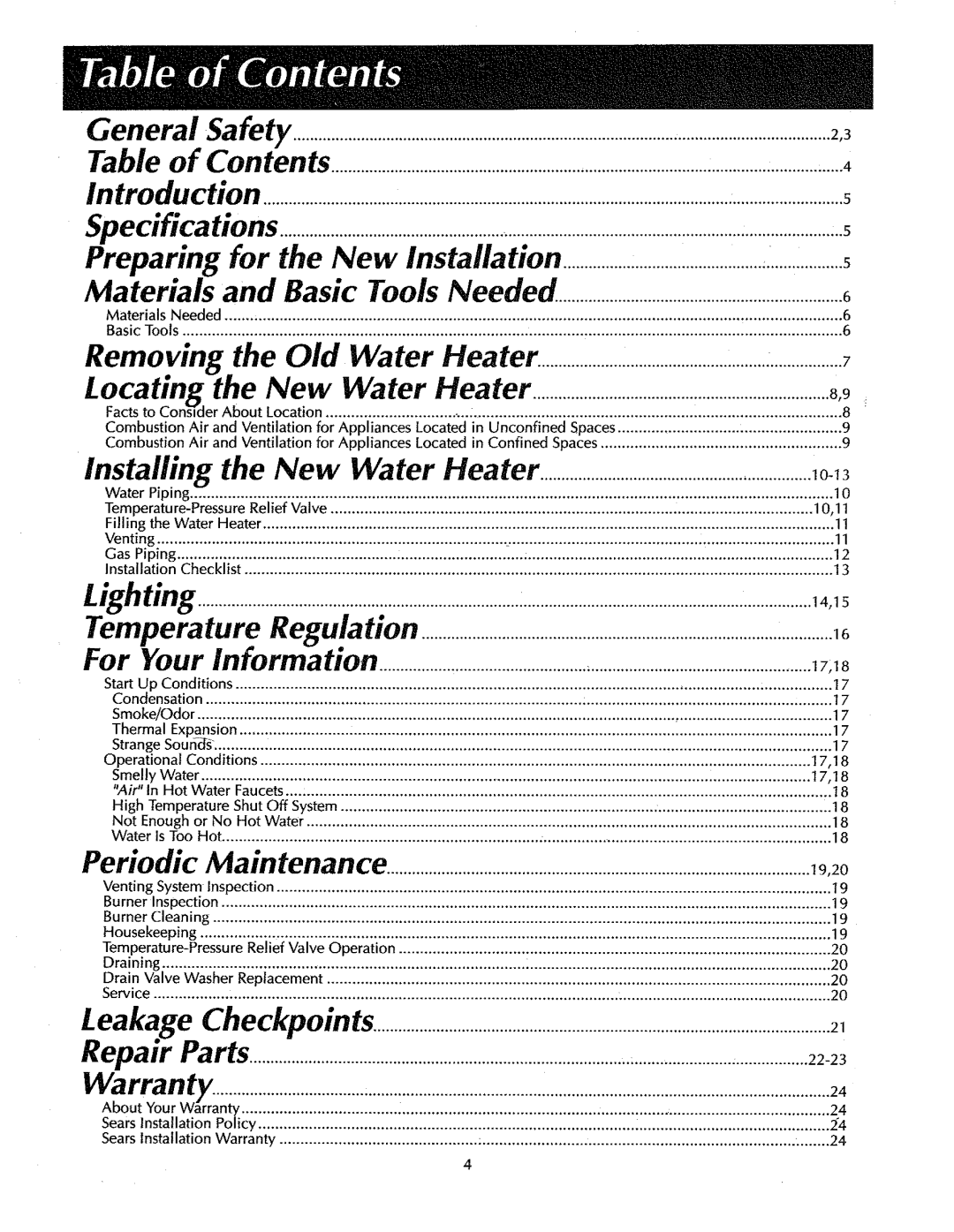 Sears 153.336332 Start Up Conditions, Thermal Expansion, Operational, Smelly Water, AirIn Hot Water, High Temperature Shut 