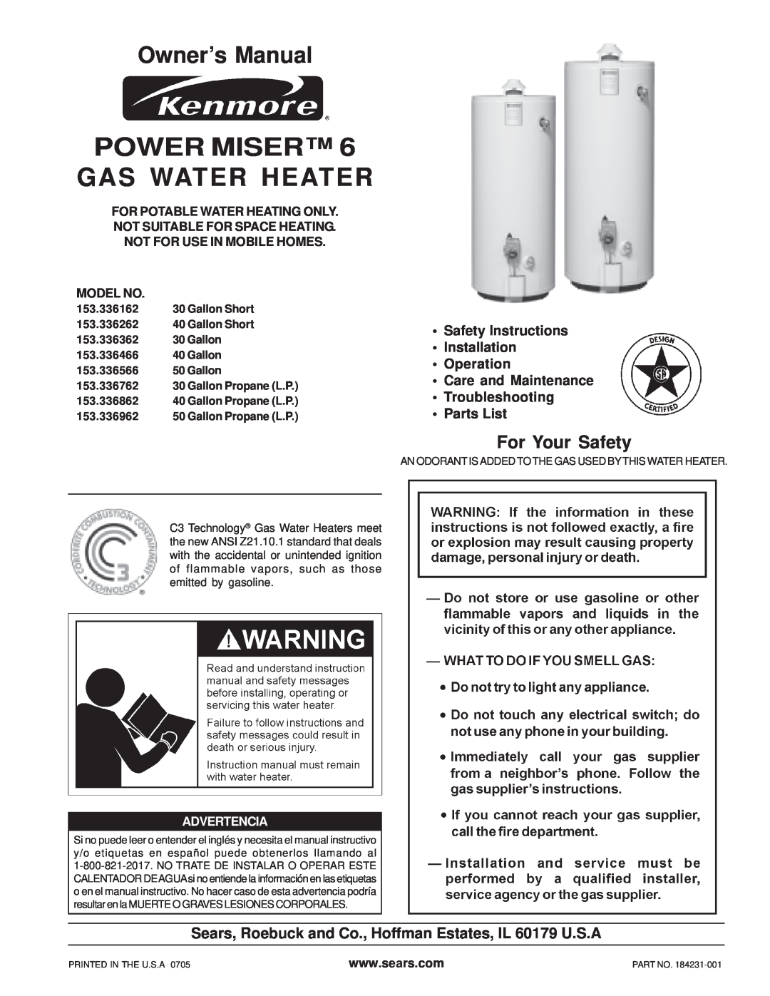 Sears 153.336162 owner manual For Your Safety, Power Miser Gas Water Heater, Owner’s Manual, Troubleshooting Parts List 