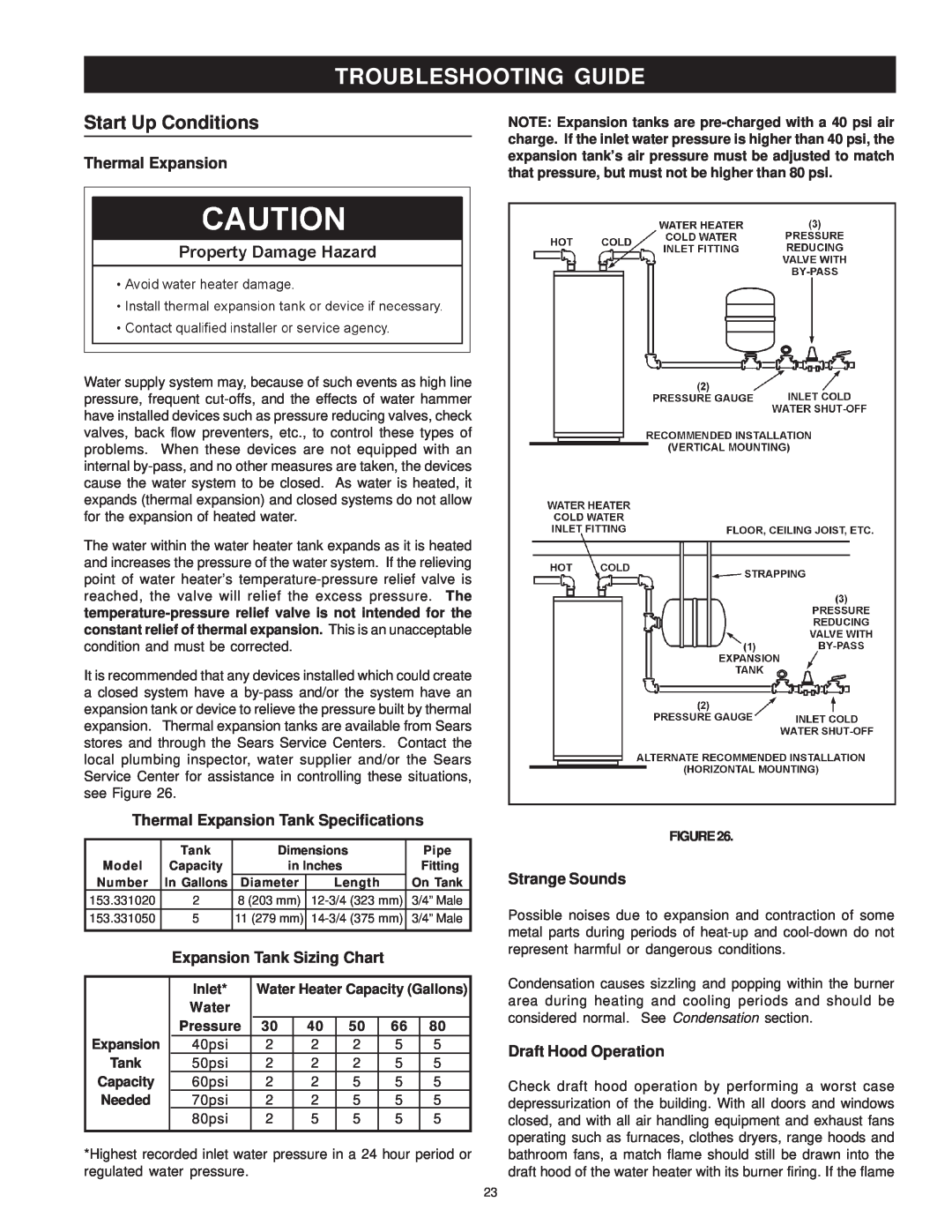 Sears 153.336762 30 GALLON PROPANE (L.P.) Troubleshooting Guide, Thermal Expansion Tank Specifications, Strange Sounds 