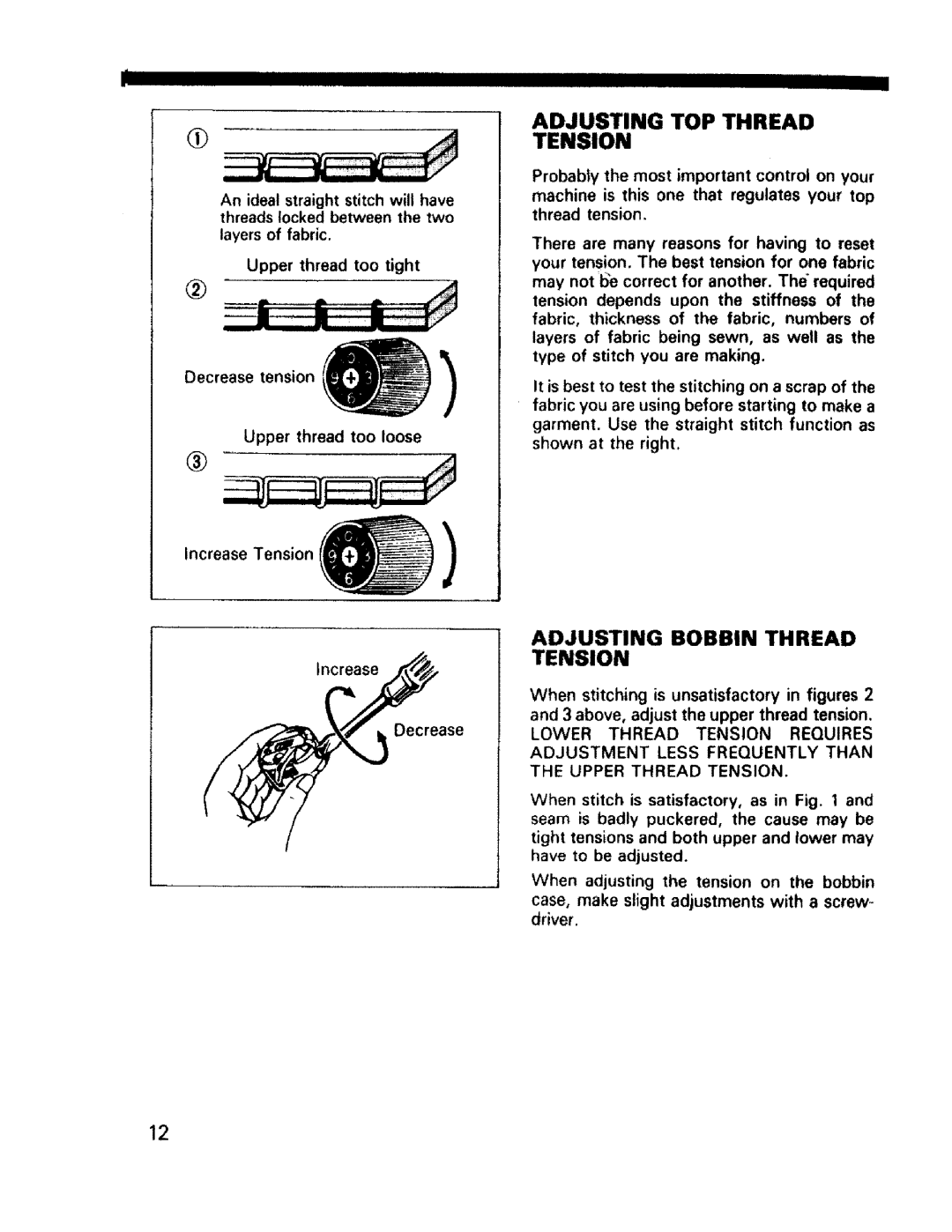 Sears 1595, 1561, 1355, 1340, 1350, 1345, 1358 owner manual Adjusting TOP Thread Tension, Adjusting Bobbin Thread Tension 