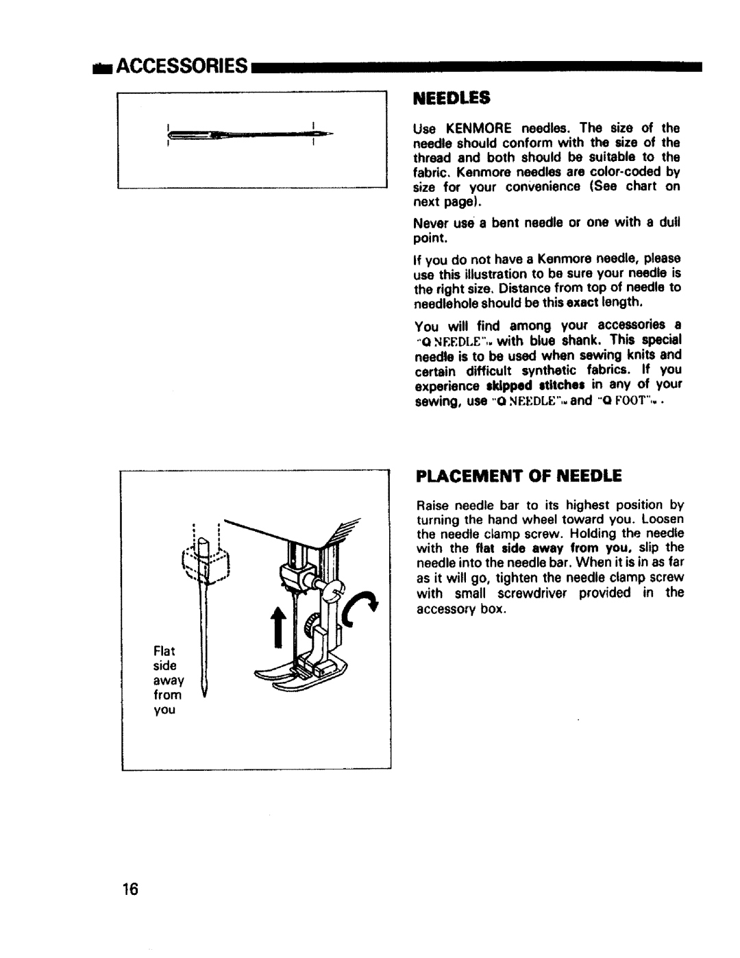 Sears 1350, 1561, 1355, 1340, 1345, 1358, 1595 owner manual Needles, Placement of Needle 