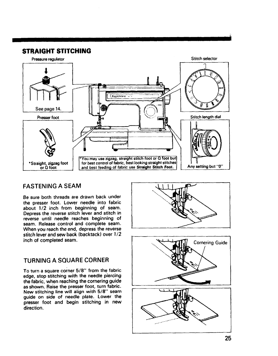 Sears 1358, 1561, 1355, 1340, 1350, 1345, 1595 owner manual Straight Stitching, Fastening a Seam, Turning a Square Corner 