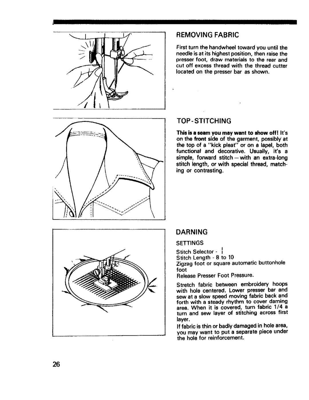 Sears 1595, 1561, 1355, 1340, 1350, 1345, 1358 owner manual Removing Fabric, Darning, TOP- Stitching, Settings 