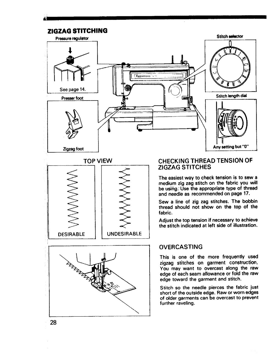 Sears 1355, 1561, 1340, 1350, 1345, 1358 Zigzag Stitching, TOP View, Checking Thread Tension of Zigzag Stitches, Overcasting 