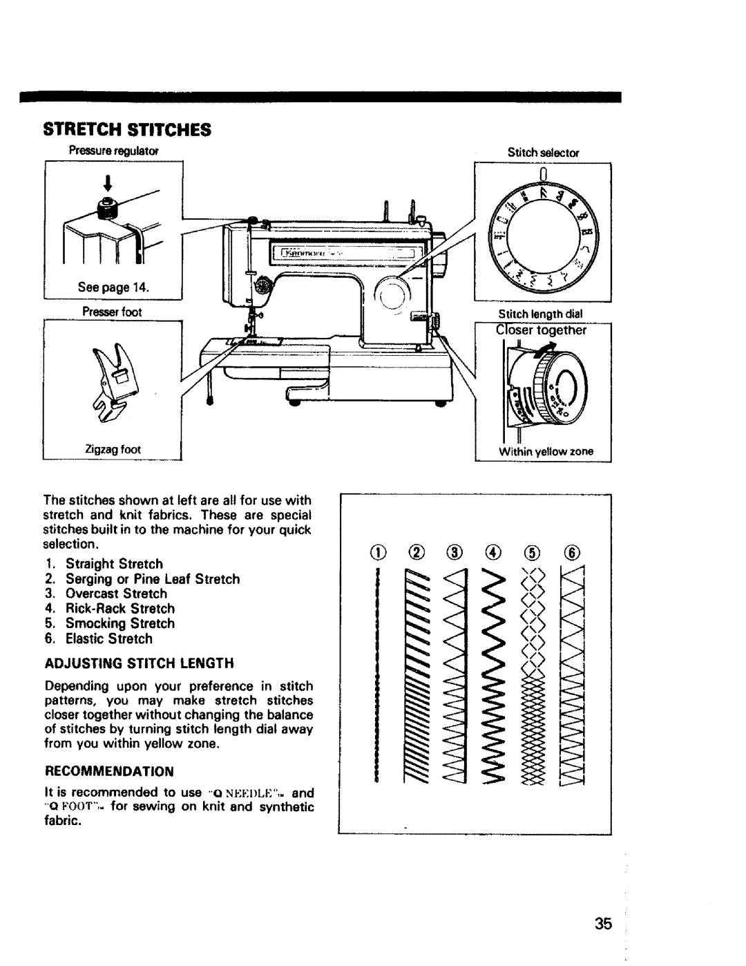 Sears 1355, 1561, 1340, 1350, 1345, 1358, 1595 owner manual Stretch Stitches, Adjusting Stitch Length, Recommendation 