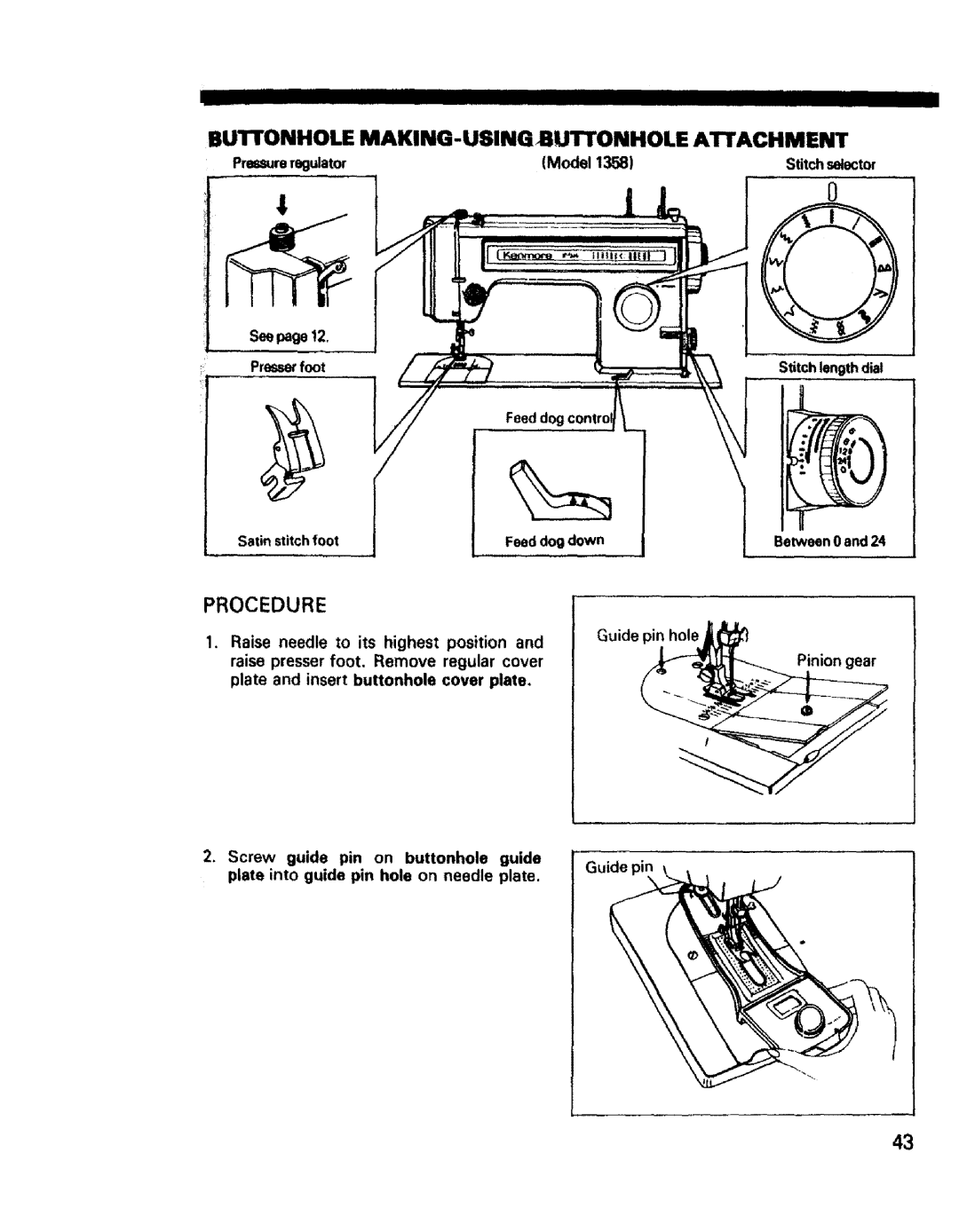 Sears 1340, 1561, 1355, 1350, 1345, 1358, 1595 owner manual Buttonhole MAKING-USINGBUTTONHOLE Attachment, Procedure 