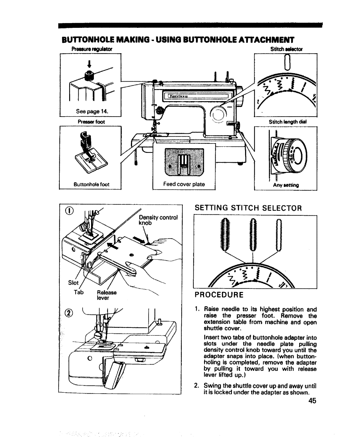 Sears 1345, 1561, 1355, 1340, 1350, 1358, 1595 Buttonhole Making Using Buttonhole Attachment, Setting Stitch Selector 