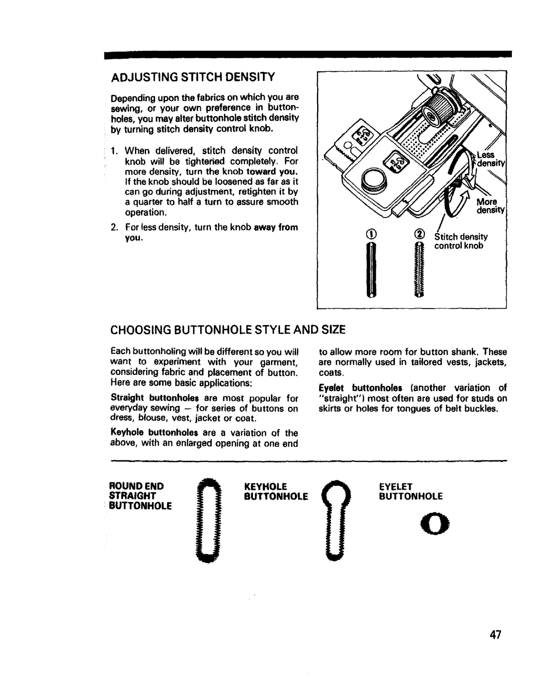 Sears 1595 Adjusting Stitch Density, Choosing Buttonhole Style and Size, Eyelet Straightbuttonholebuttonhole Buttonhole 