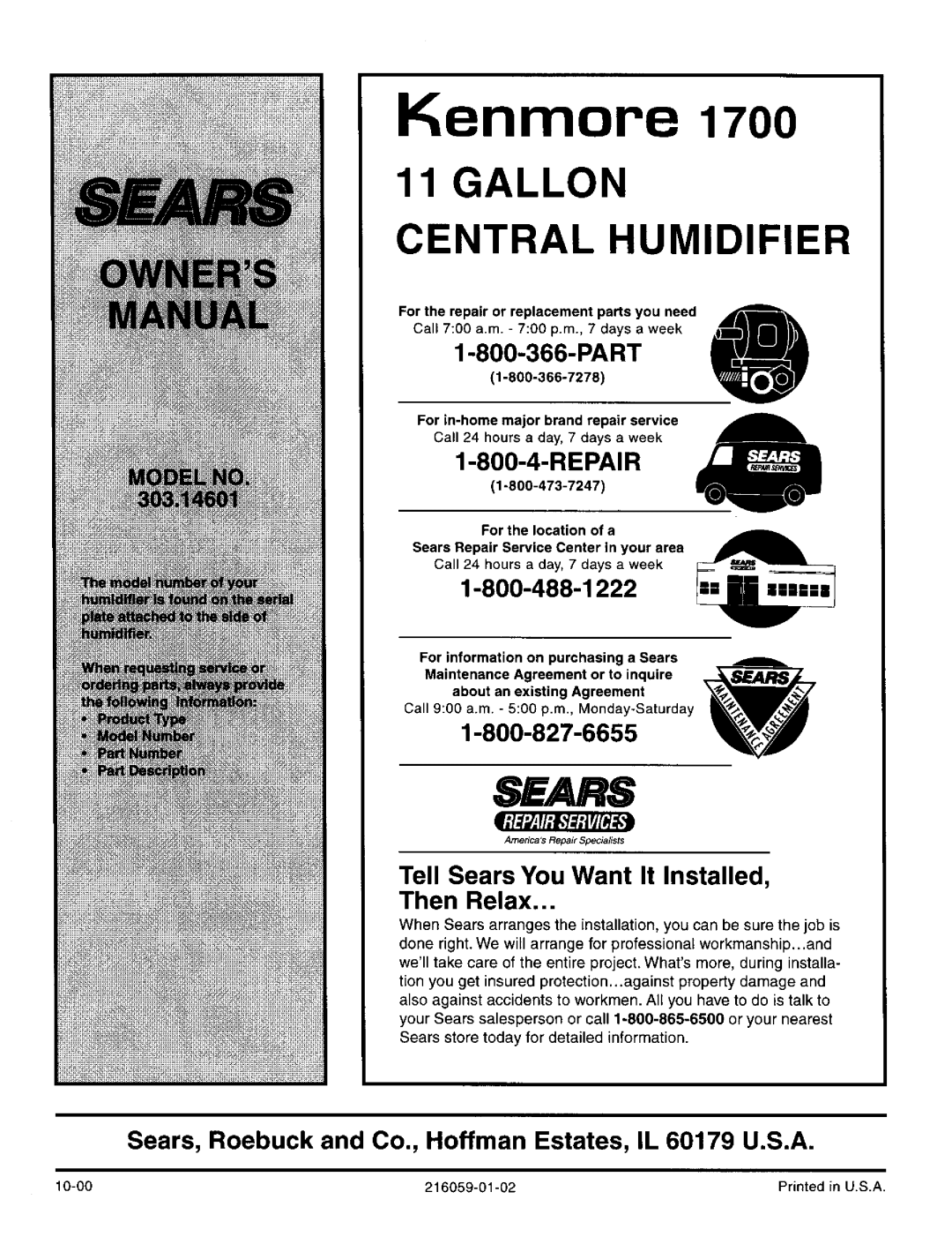 Sears 1700 manual Kenmore, For the repair or replacement parts you need 