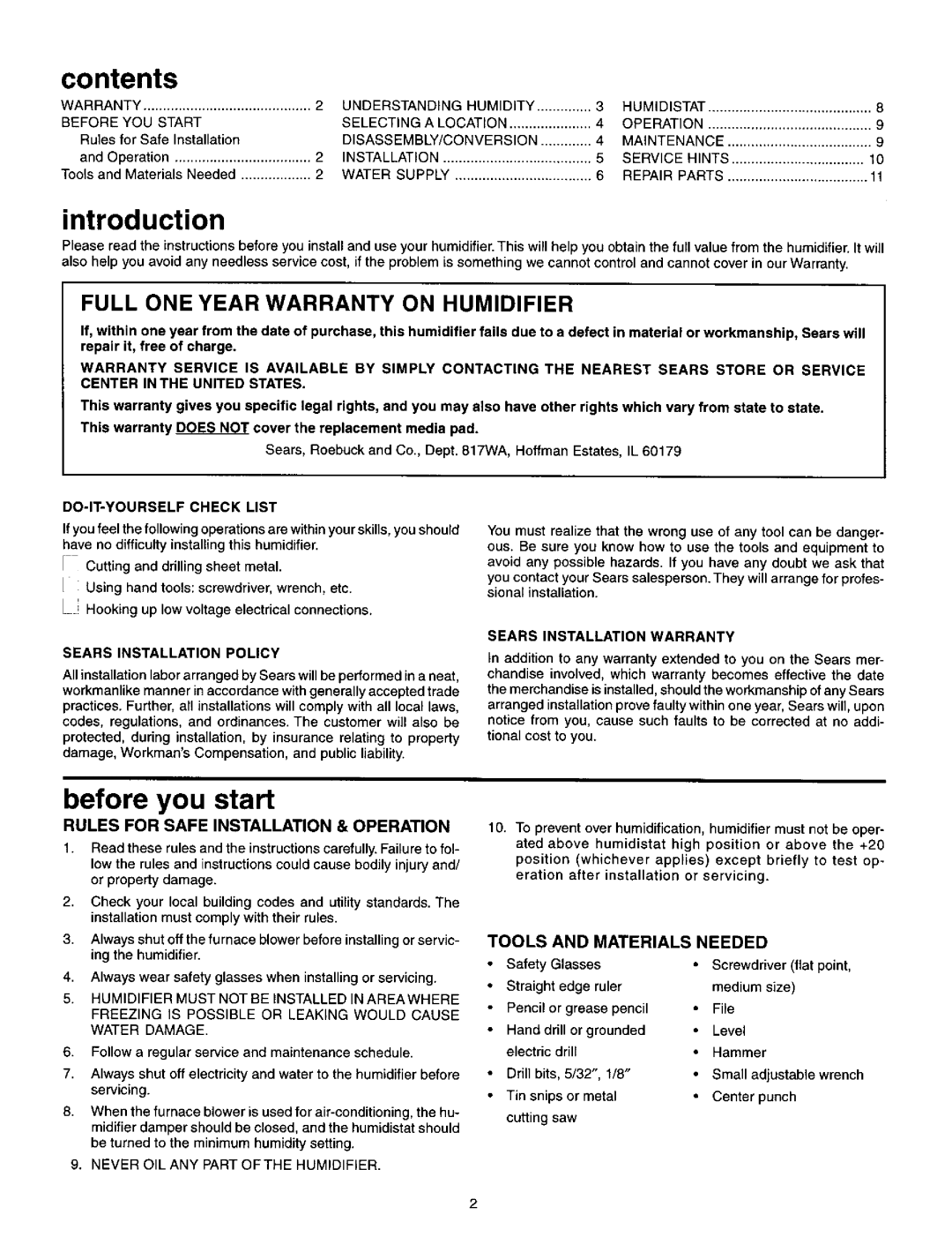 Sears 1700 manual Contents 