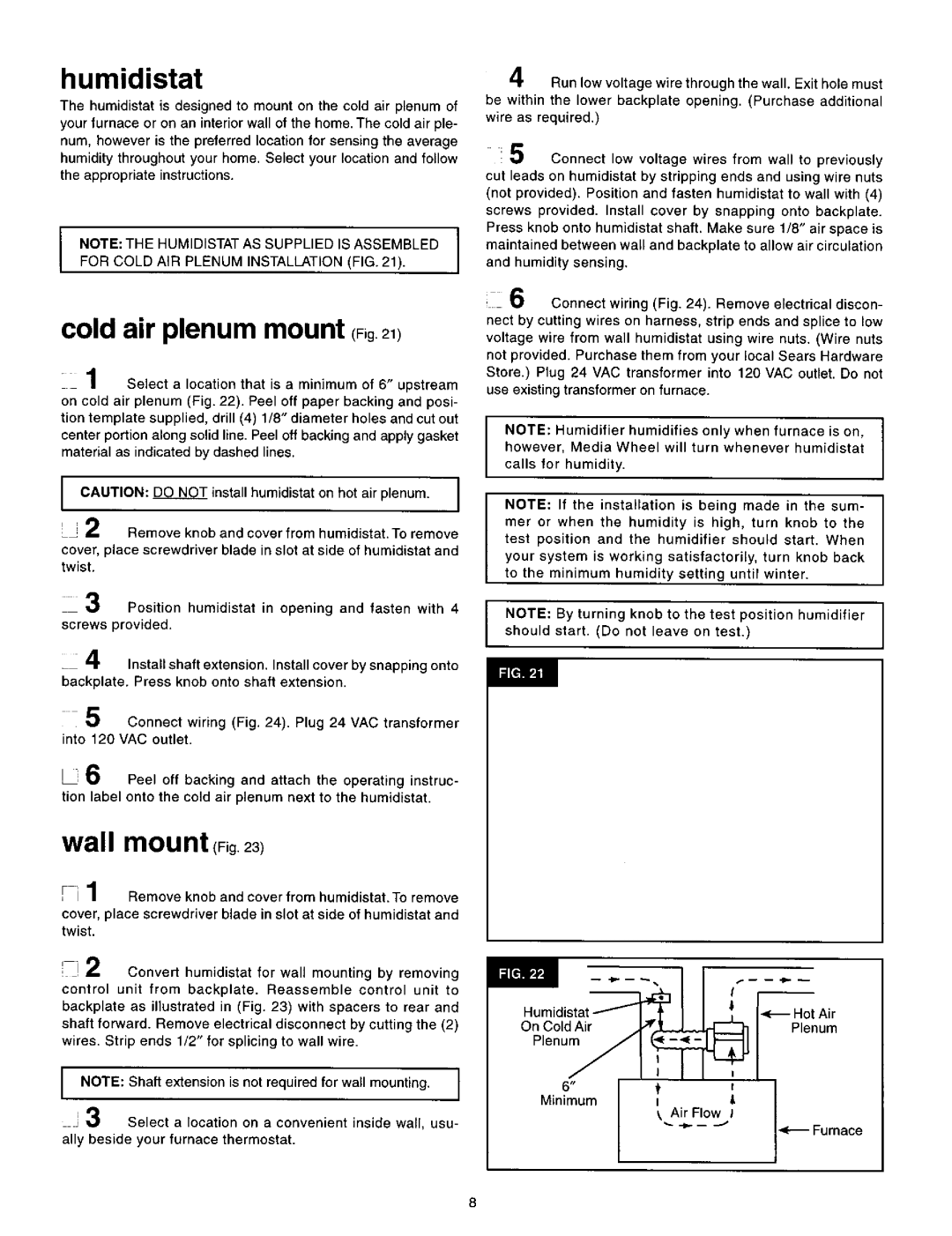 Sears 1700 manual Humidistat, Cold air plenum mount F g21, Wall mount Fig, Install humidistat on hot air plenum 