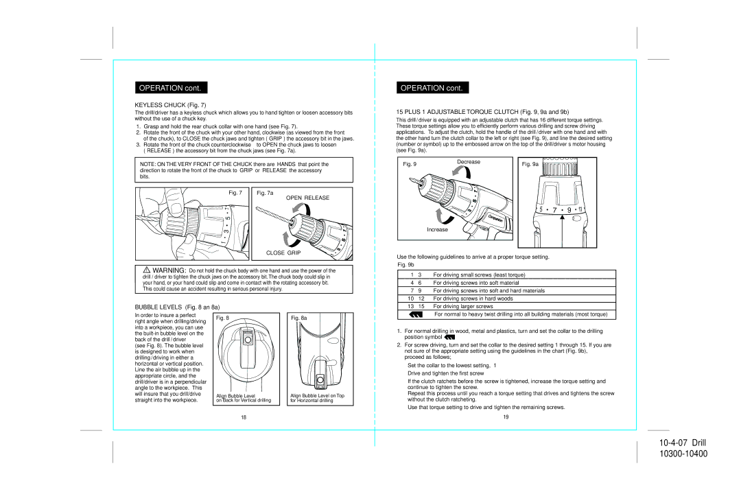 Sears 172.103, 172.104 Keyless Chuck Fig, Plus 1 Adjustable Torque Clutch , 9a and 9b, Bubble Levels an 8a 