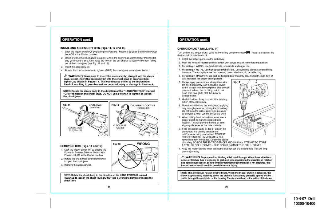 Sears 172.104, 172.103 Installing Accessory Bits Figs , 12, Operation AS a Drill Fig, Removing Bits Figs 