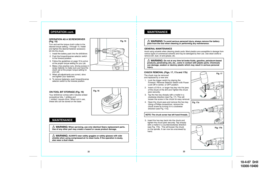 Sears 172.103, 172.104 Operation AS a Screwdriver Fig, General Maintenance, ON-TOOL BIT Storage Fig 