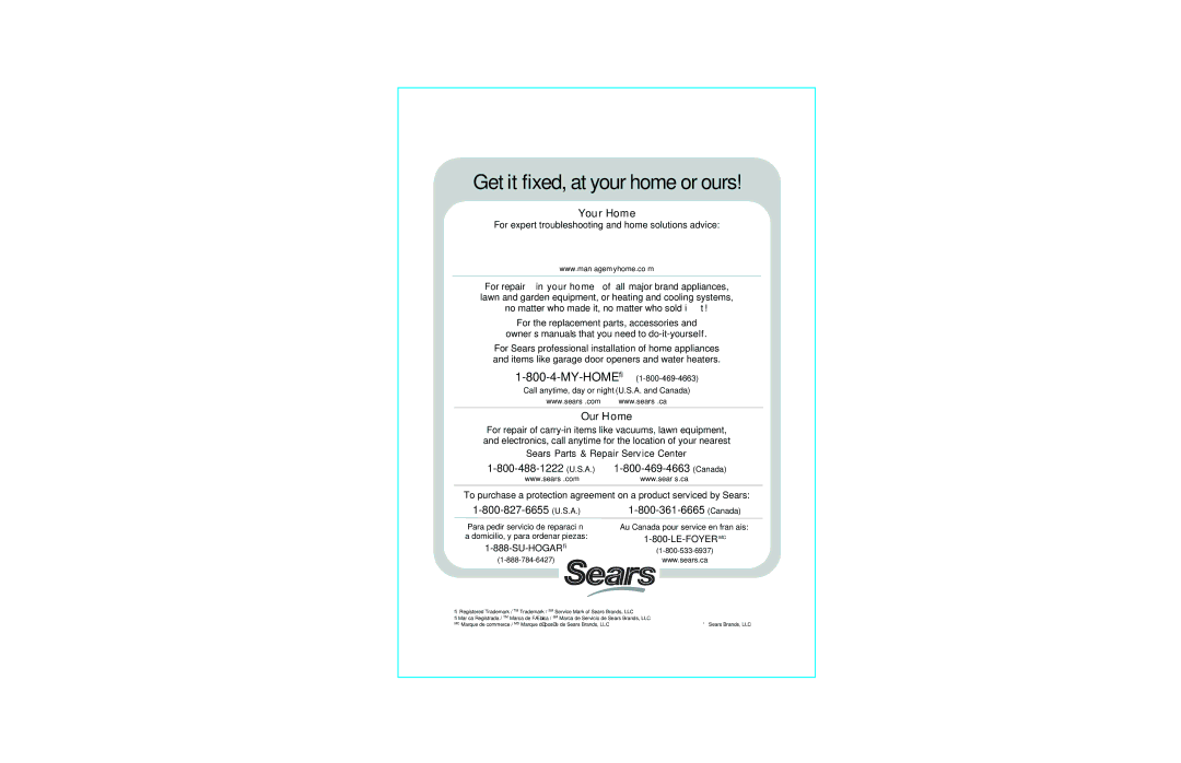 Sears 172.104, 172.103 operating instructions Get it fixed, at your home or ours 