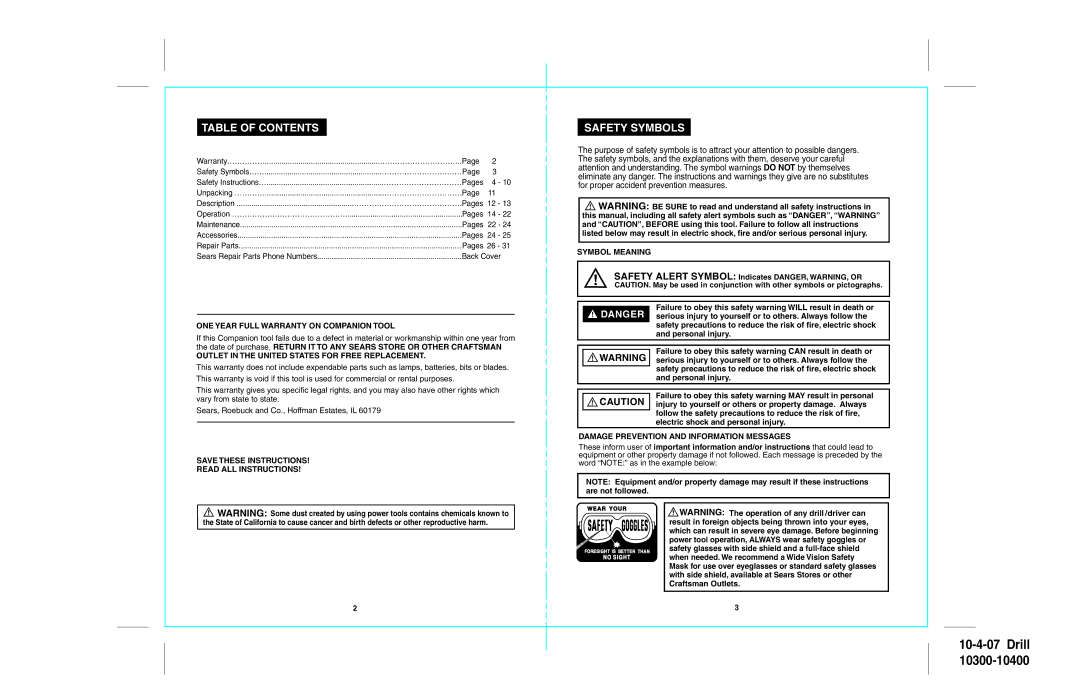 Sears 172.103, 172.104 operating instructions Table of Contents, Safety Symbols 