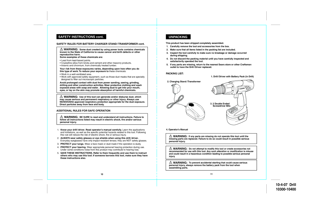 Sears 172.103, 172.104 operating instructions Unpacking, Additional Rules for Safe Operation Packing List 