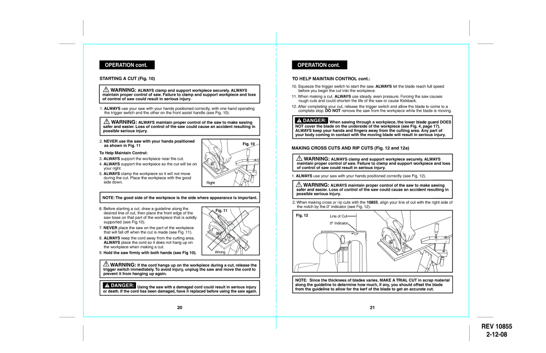 Sears 172.10855 warranty Starting a CUT Fig, To Help Maintain Control, Making Cross Cuts and RIP Cuts and 12a 