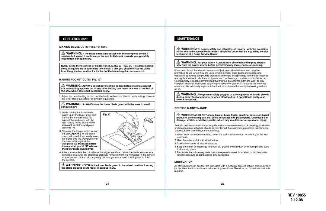 Sears 172.10855 warranty Making Bevel Cuts Figs Making Pocket Cuts Fig, Routine Maintenance, Lubrication 
