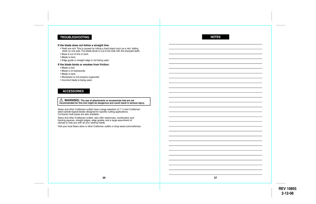 Sears 172.10855 warranty Troubleshooting, Accessories, If the blade does not follow a straight line 