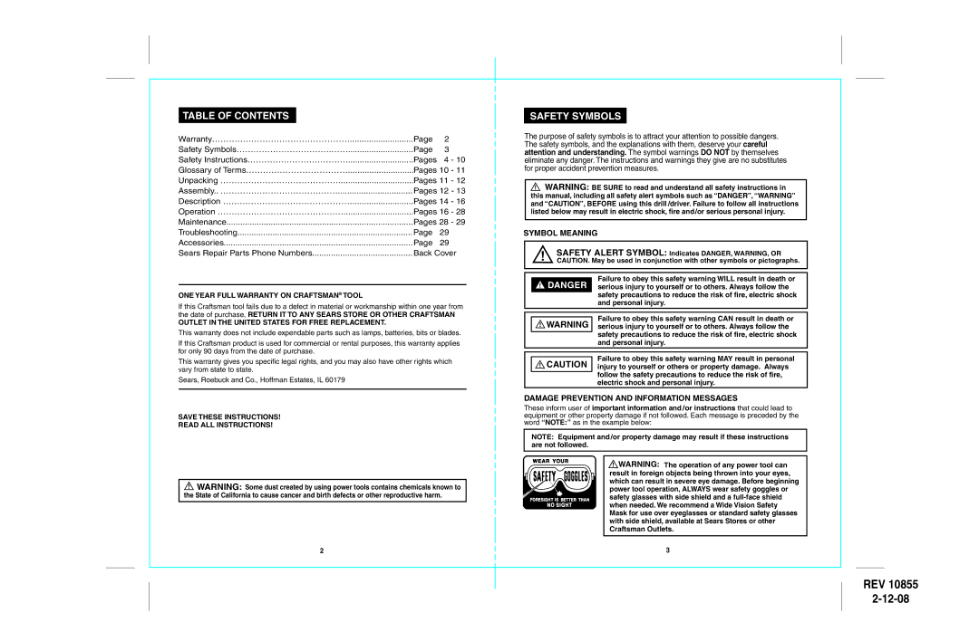 Sears 172.10855 warranty Table of Contents, Safety Symbols 