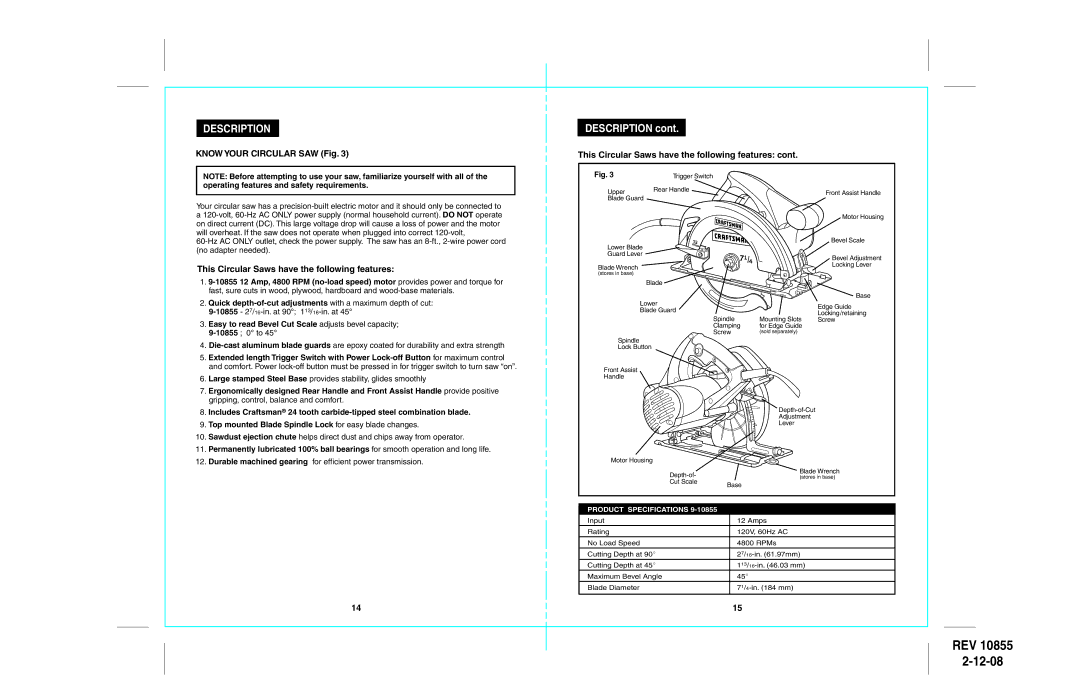 Sears 172.10855 warranty Description, Know Your Circular SAW Fig, This Circular Saws have the following features 