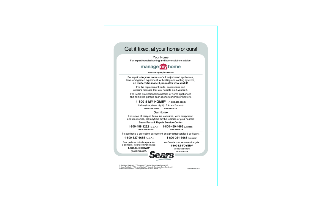 Sears 172.10855 Get it fixed, at your home or ours, Your Home, Our Home, Sears Parts & Repair Service Center, Su-Hogar 