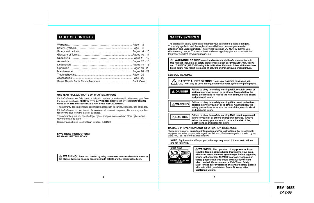 Sears 172.10855 Table Of Contents, Safety Symbols, Symbol Meaning, Damage Prevention And Information Messages, REV 2-12-08 