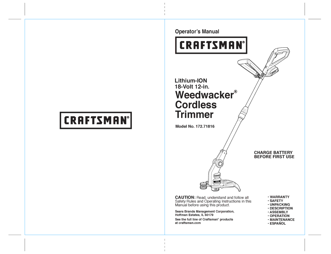 Sears 172.71816 warranty Weedwacker Cordless Trimmer 