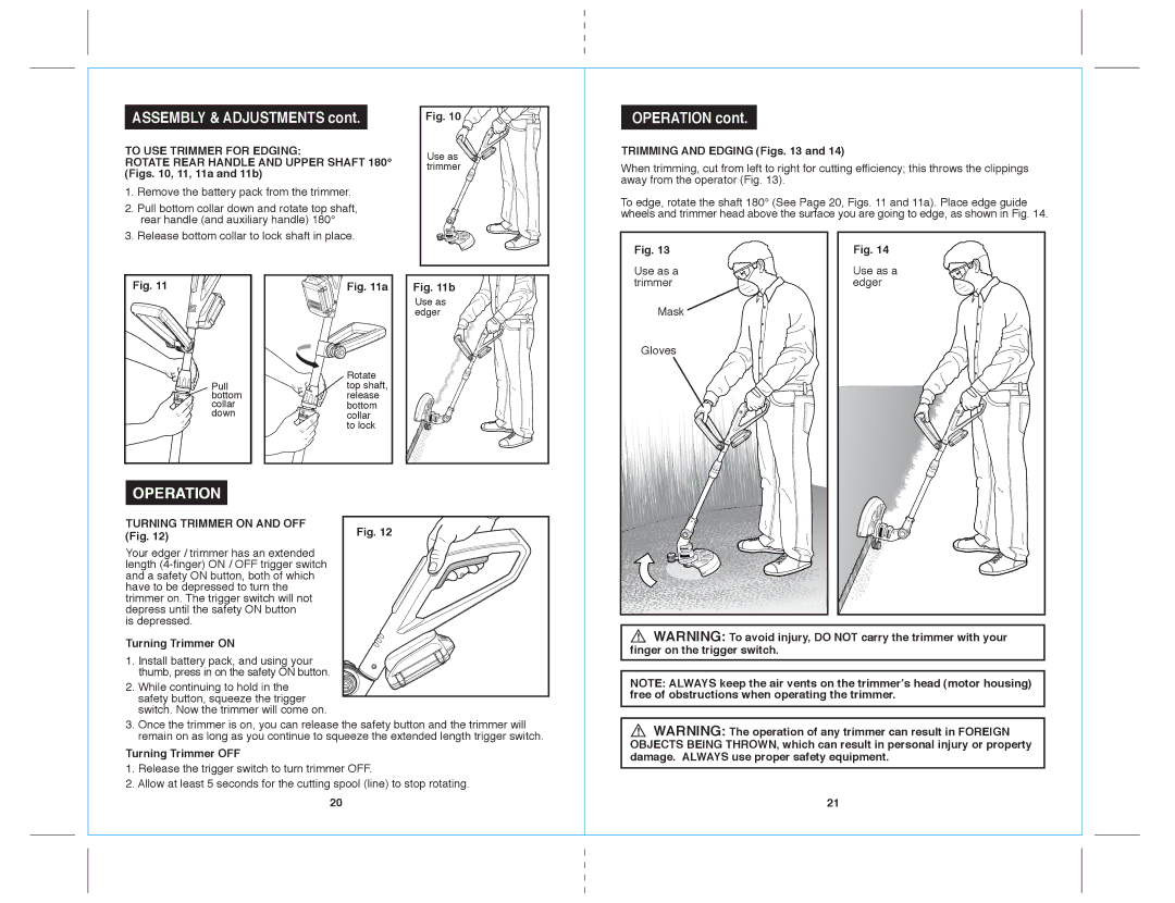 Sears 172.71816 warranty Operation, To USE Trimmer for Edging, Turning Trimmer on and OFF 