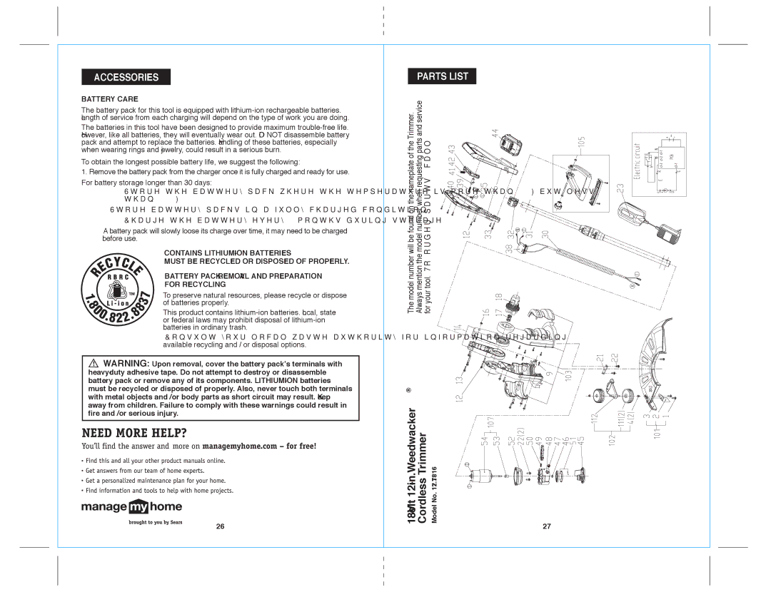 Sears 172.71816 warranty Parts List, Battery Care 