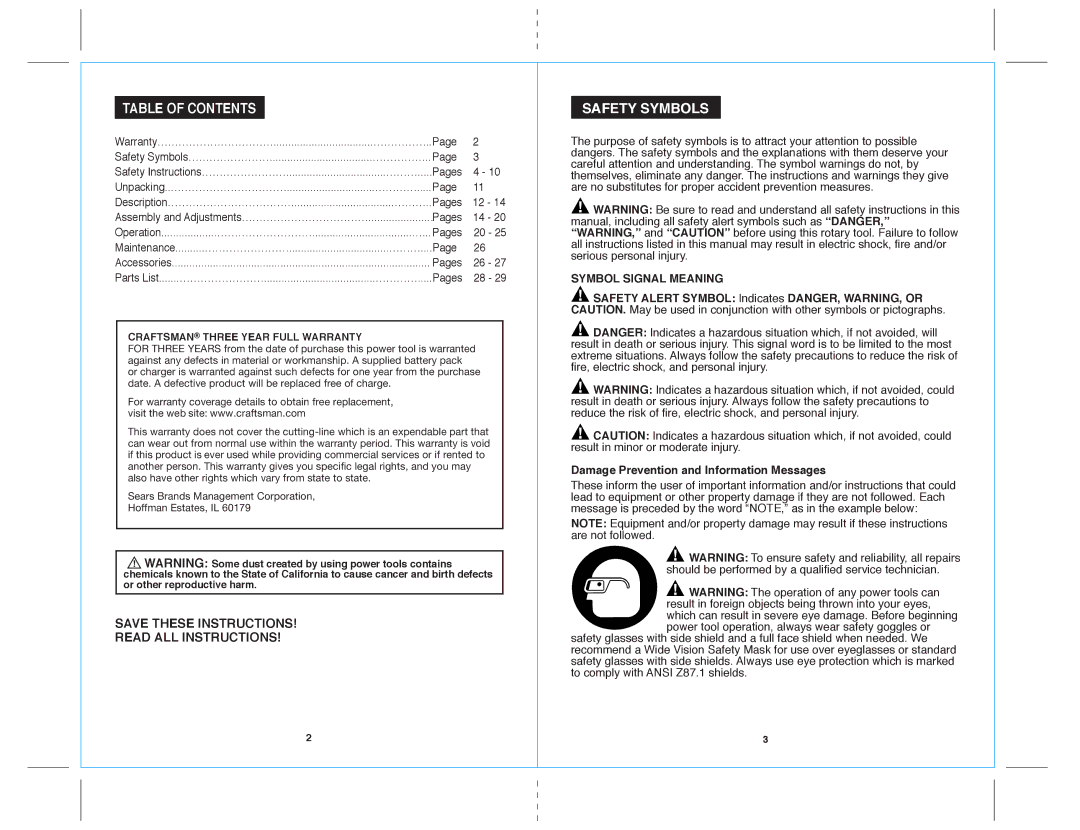 Sears 172.71816 warranty Table of Contents, Safety Symbols 