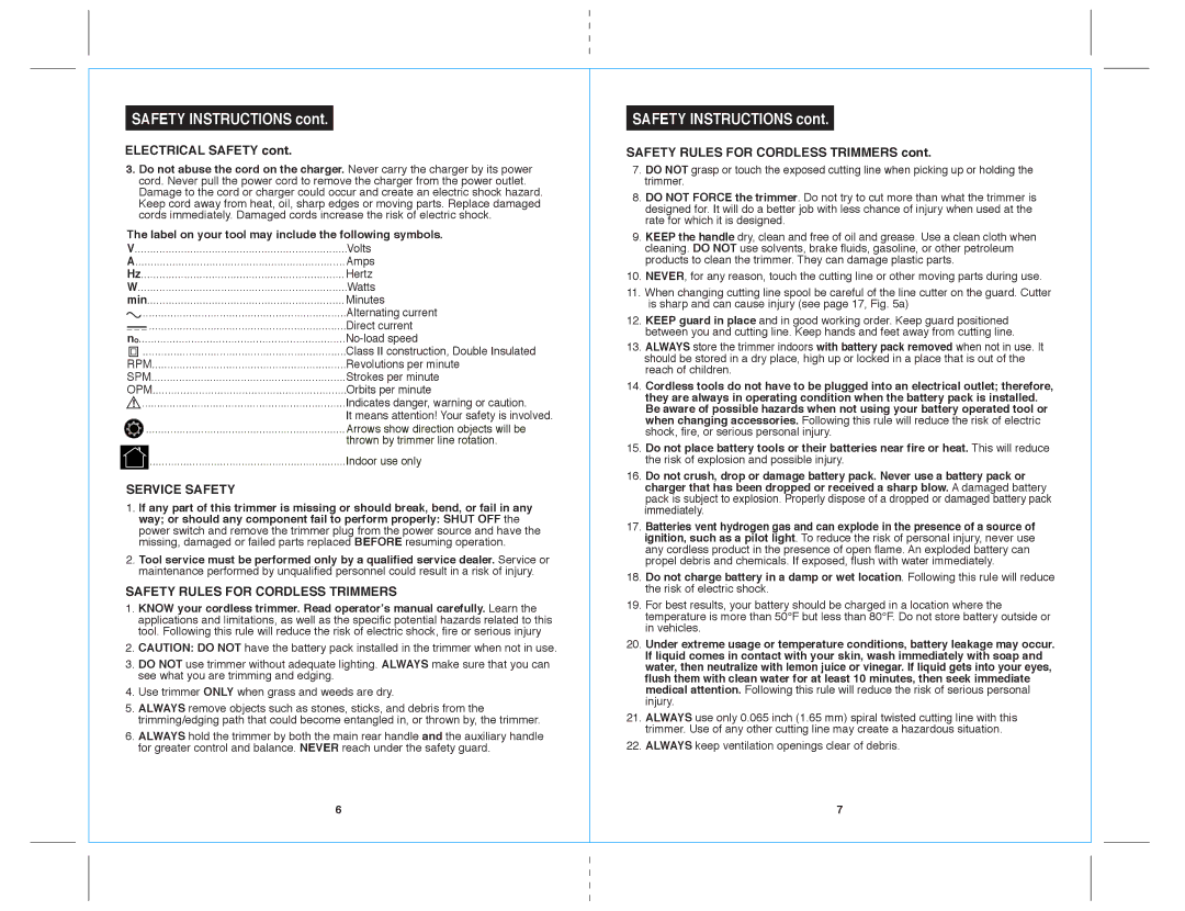 Sears 172.71816 warranty Electrical Safety, Service Safety, Safety Rules for Cordless Trimmers 