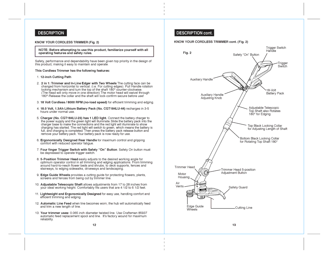 Sears 172.71816 warranty Description, Know Your Cordless Trimmer Fig, Know Your Cordless Trimmer cont. Fig 