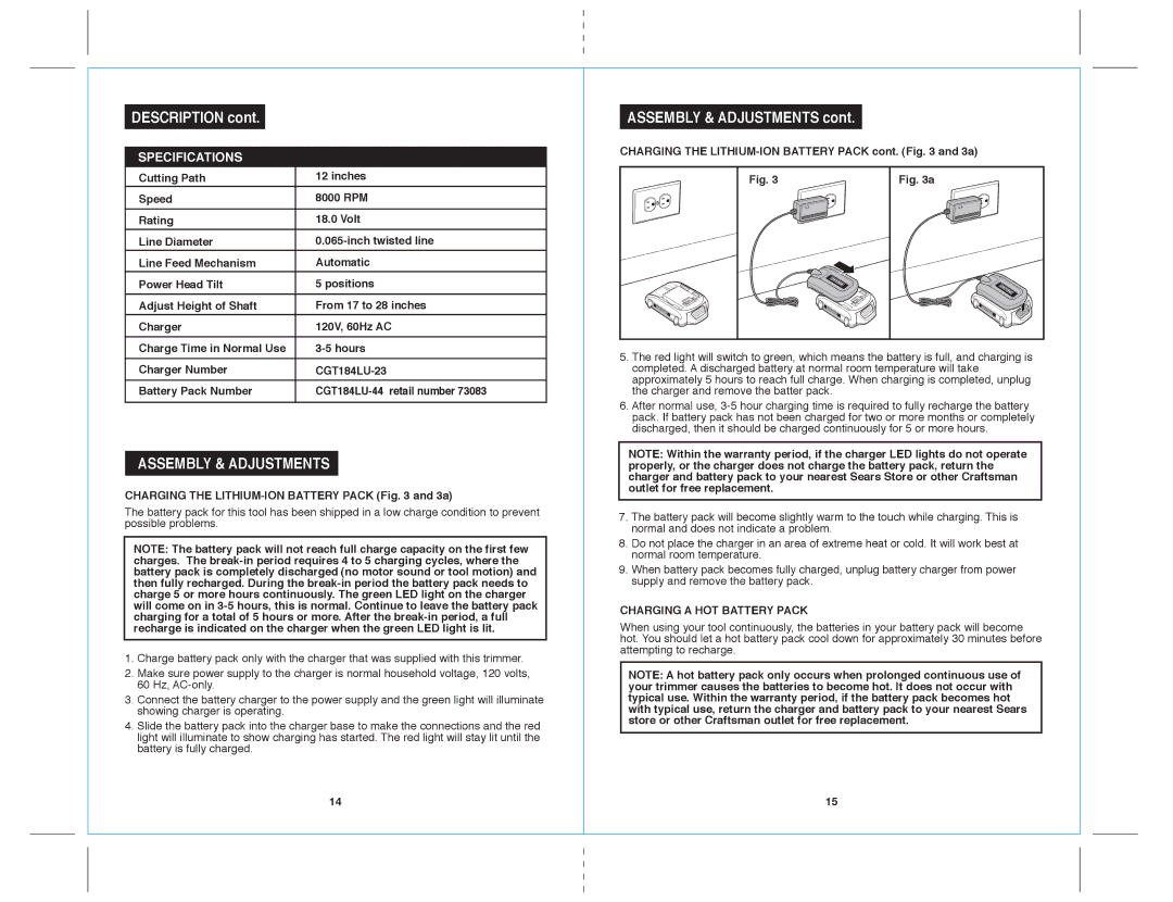 Sears 172.71816 warranty Assembly & Adjustments, Charging the LITHIUM-ION Battery Pack and 3a, Charging a HOT Battery Pack 