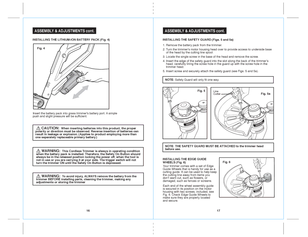 Sears 172.71816 warranty Installing the LITHIUM-ION Battery Pack Fig, Installing the Safety Guard Figs and 5a, Wheels Fig 