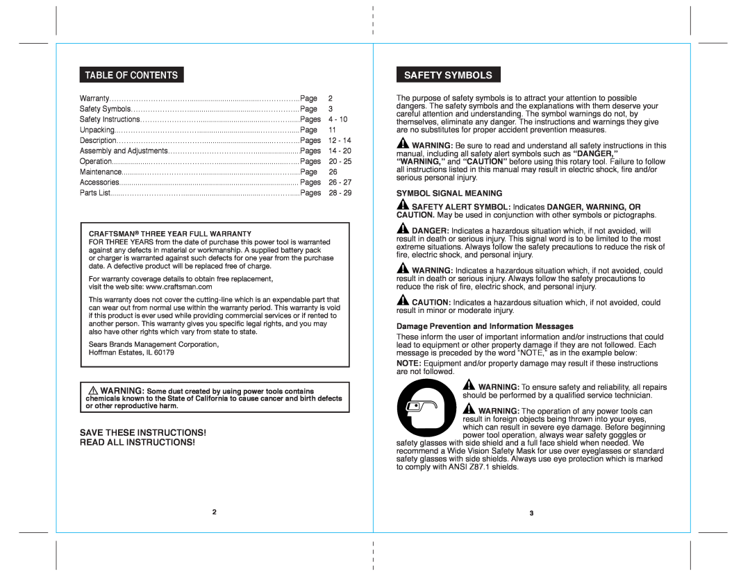 Sears 172.71816 Table Of Contents, Safety Symbols, Save These Instructions Read All Instructions, Symbol Signal Meaning 